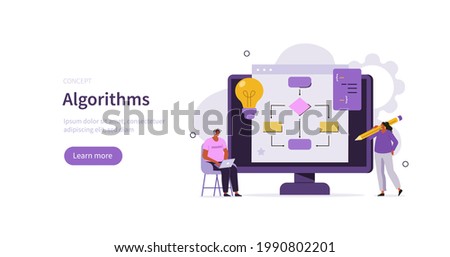 People characters learning programming. Students solving mathematical algorithms, coding program code, improving skills. Learn to code concept. Flat cartoon vector illustration.