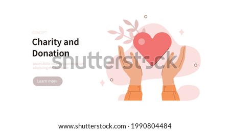 Volunteer hands holding big heart to supporting and giving help. Humanitarian assistance, charity and donation concept. Flat cartoon vector illustration.