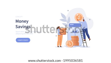 People characters collecting and putting coins in savings jar. Financial management, money  savings and deposit growth concept. Flat cartoon vector illustration. Сток-фото © 