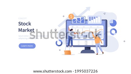 Characters analyzing stock market data. People examining  financial graphs, charts and diagrams. Stock trading concept. Flat cartoon vector illustration.