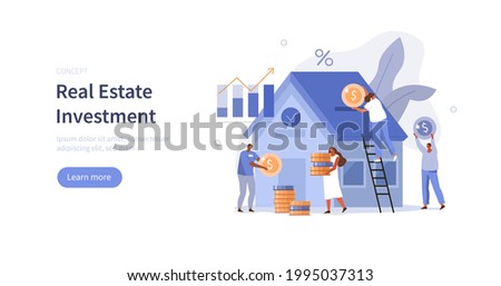 Characters buying home with mortgage and paying credit to bank. People invest money in real estate property. House loan, rent and mortgage Concept. Flat cartoon vector illustration.