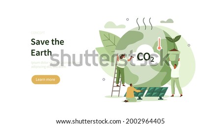 
People trying to save planet earth from climate change. Characters planting trees, using clean energy, warning about CO2 emission.  Climate change problem concept. Flat cartoon vector illustration.
