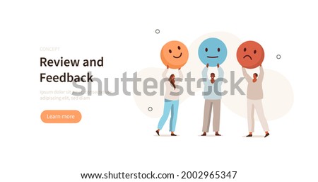 People сharacters holding different emoji to show positive, negative and neutral satisfaction rating. Customer service and user experience concept. Flat cartoon vector illustration.