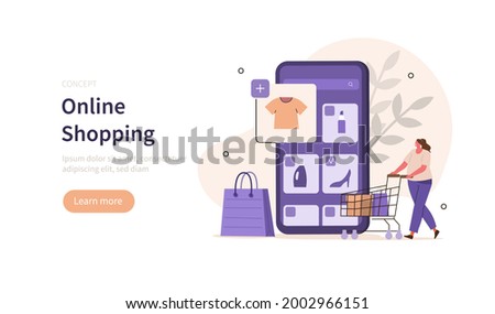 Character buying goods online on internet marketplaces. Woman shopping online in mobile app. Ecommerce and retail concept. Flat cartoon vector illustration.