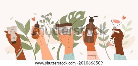 Beauty hands holding different cosmetic product. Diverse girls showing moisture cream, serum, cleanser and massage stone. Daily skin care routine and hygiene concept. Flat line vector illustration.