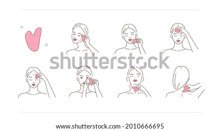 Beauty girl take care of her face and making gua sha lifting massage. Woman using jade stone for skincare procedures. Facial massage and relaxation concept.  Flat line vector illustration.