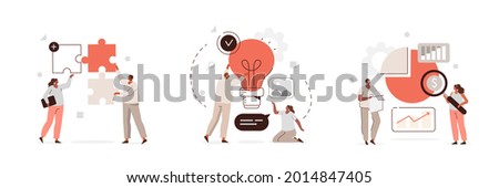Creative characters and their business activity. People connecting puzzle pieces, generating new ideas, analyzing corporate data. Flat cartoon vector illustration and icons set.
