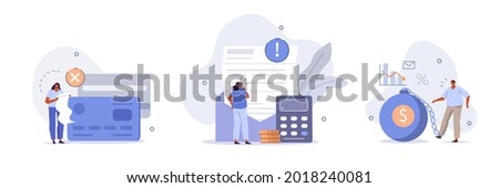 Characters having financial problems, debts and loans. People holding long bill, reading letter from collection agency and carrying debt. Flat cartoon vector illustration and icons set. Сток-фото © 