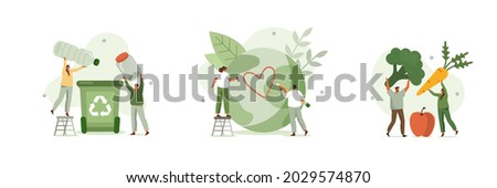 
Sustainable lifestyle set. People collecting plastic trash into recycling garbage bin, trying to save planet earth and following vegan diet. Flat cartoon vector illustration and icons set.