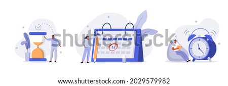 Time management and schedule planning scenes. Characters managing work and life time, organizing daily tasks and putting mark on calendar. Flat cartoon vector illustration and icons set.