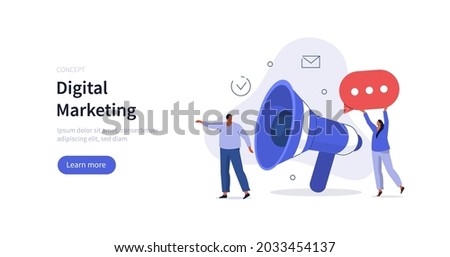 Characters using big loudspeaker to communicate with customers. Social media promotion  and advertising concept. Flat cartoon vector illustration isolated.