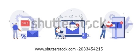 E-mail marketing and promotion scenes. Characters sending advertising mails and promotional offers with sales and discounts. Ecommerce business concept. Flat cartoon vector illustration and icons set.