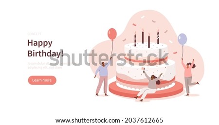 People celebrating birthday party. Characters standing near birthday cake and holding balloons. Happy birthday concept. Flat cartoon vector illustration.