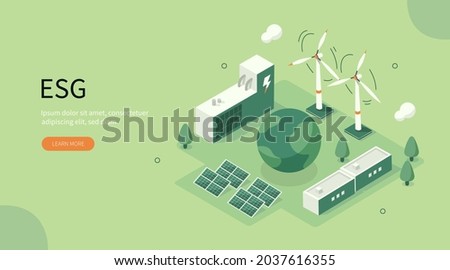 Sustainable ESG industry with windmills and solar energy panels. Environmental, Social, and Corporate Governance concept. Flat isometric vector illustration.

