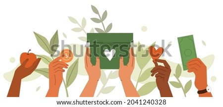People hands holding donation box and donating money for charity. Volunteers collecting and putting coins in donation box. Charity financial support concept. Flat cartoon vector illustration.
