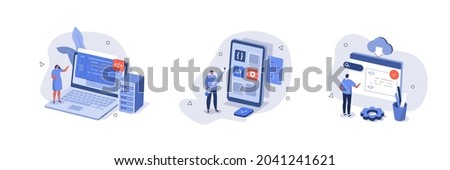 People characters developing software program and mobile app. Developers  programming and writing program code. Development process concept. Flat cartoon vector illustration and icons set isolated. 