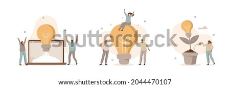 People generating creative business ideas. Characters standing near light bulbs and celebrating success. Business solution concept. Flat cartoon vector illustration and icons set isolated.