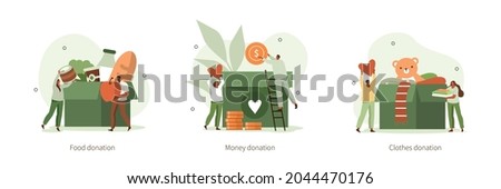 People characters donating for charity. Volunteers collecting and putting money, food and clothes in donation boxes. Charity and financial support concept. Flat cartoon vector illustration isolated.
 Foto d'archivio © 