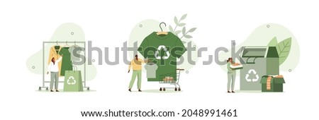 
Recycling illustration set. People characters buying recycling textile and sorting old clothes in recycling can. Recycle and sustainable fashion concept. Vector illustration.