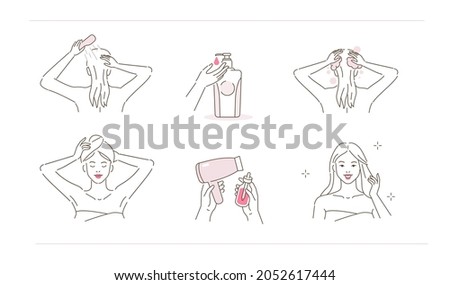 Beauty girl take care of her hair. Instruction how to wash hair with shampoo and wipe with towel and blow dry using hair serum. Flat line vector  illustration and icons set.