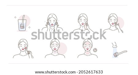 Beauty girl take care of her face and doing mesotherapy procedure at home. Instruction how to use derma roller with microneedles. Flat line vector illustration and icons set.