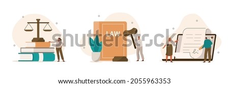 Law and justice scenes. Character signing legal contract, lawyer consulting client, judge knocking with wooden hammer. Legal advice concept. Flat cartoon vector illustration and icons set.