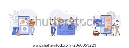 Financial illustration set. Characters paying online and receiving bonus money or reward back on credit card. Cashback, financial savings and money exchange concept. Vector illustration.
 Сток-фото © 