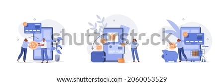 Financial illustration set. Characters paying online and receiving bonus money or reward back on credit card. Cashback, financial savings and money refund concept. Vector illustration.