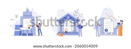 Finance and investment illustration set. Business characters purchasing bonds or stock on capital market. Financial and stock trading concept. Vector illustration.