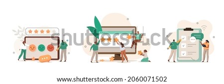 Review illustration set. People сharacters giving five star feedback. Clients choosing satisfaction rating. Customer service and user experience concept. Vector illustration.