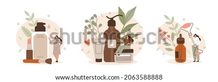 Beauty and health illustration set. Girls taking care about beauty and health and using different natural cosmetic products. Essential oil, organic cleanser and massage stone. Vector illustration.