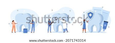 Dental care illustration set. Doctor dentist and medical staff taking care about patients teeth. Professional teeth cleaning, oral hygiene and whitening concept. Vector illustration.
