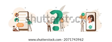 Customer support illustration set. Characters asking a questions, receiving answers from helpdesk operator, sharing user experience and giving customer feedback. Vector illustration.