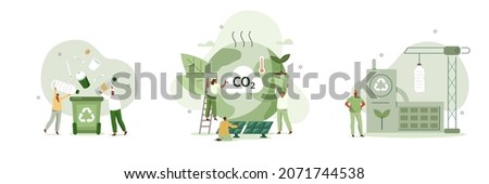 Environmental protection illustration set. Characters collecting plastic trash into recycling garbage bin, trying to reduce CO2 emission, working in green recycling industry. Vector illustration.
