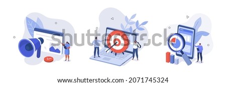 Digital marketing illustration set. Characters promoting product with big loudspeaker, targeting audience, analyzing marketing data on smartphone. Marketing campaign concept. Vector illustration.
