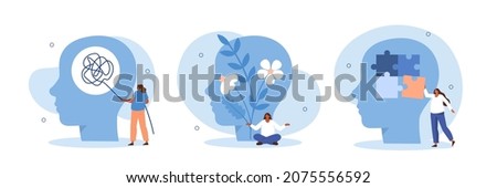 Mental health illustration set. Character with mental disorder fight against stress, depression, emotional burnout and other psychological problems. Psychotherapy concept. Vector illustration. Сток-фото © 