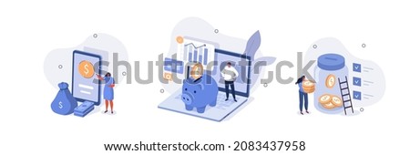 Financial management illustration set. Characters saving money and analyzing financial report. People managing personal finance. Money savings and deposit growth concept. Vector illustration.