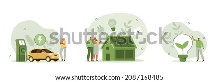 Green energy illustration set. Modern eco private house with solar energy panels and smart home technology. Electric car near charging station. Renewable energy concept. Vector illustration.
