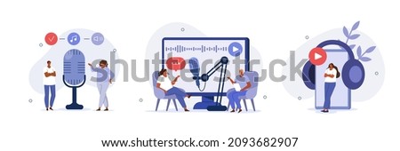 Podcast illustration set. Characters in radio studio speaking in microphone and recording audio podcast or live online interview. People listening audio on smartphone. Vector illustration.
