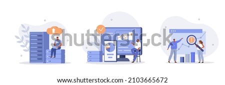 Big Data and Cloud Computing illustration set. Business characters using remote servers to analyzing large sets of data and recognizing mistakes. Actionable data concept. Vector illustration.