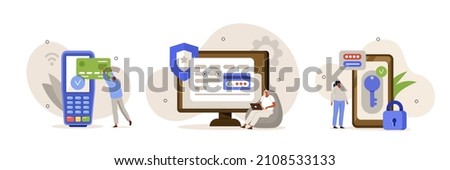 Credit card payment illustration set. Characters safety paying with credit card online on smartphone, laptop and contactless on terminal. Electronic money security concept. Vector illustration.