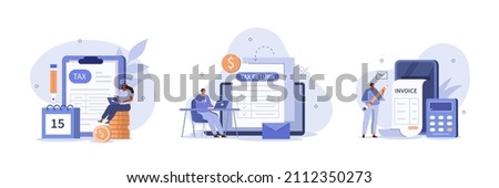 Tax declaration illustration set. Characters preparing documents for tax calculation, making income tax return and calculating business invoices. Taxation concept. Vector illustration. Сток-фото © 