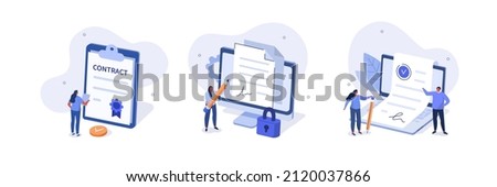Business contract illustration set. Characters signing legal document, electronic contract or agreement online. People reading contract terms and conditions. Vector illustration.
 商業照片 © 