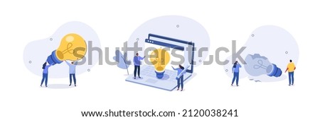 
Idea finding illustration set. Characters standing near light bulbs and celebrating success. People generating creative business ideas. Business solution concept. Vector illustration.