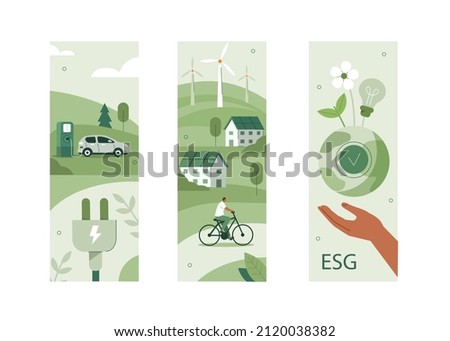 Sustainable living illustration set. ESG, green energy and sustainable industry with windmills and solar energy panels. Environmental, Social, and Corporate Governance concept. Vector illustration.
