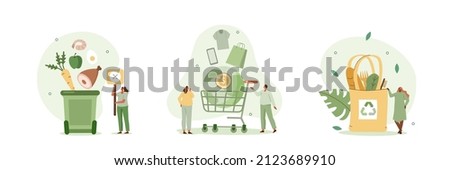 Food loss and waste illustration set. Characters trying to reduce food waste, meal garbage and overconsumption. Environment and resources problem concept. Vector illustration. Stock foto © 