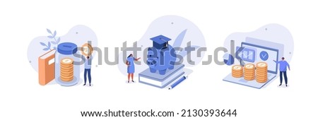 Finance and education illustration set. Student characters investing money in education and knowledge. Personal finance management and financial literacy concept. Vector illustration.