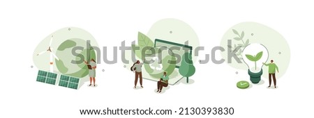 Sustainability illustration set. ESG, green energy, sustainable industry with windmills and solar energy panels. Environmental, Social, and Corporate Governance concept. Vector illustration.
