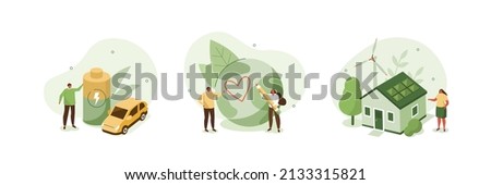 Sustainability illustration set. People trying to save planet earth with eco friendly technologies. House with solar energy panels, windmills and electric car with battery. Vector illustration.