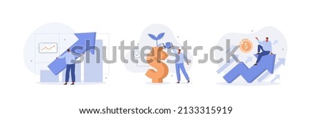 Finance growth illustration set. Characters analyzing investments, celebrating financial success and money growth. Money increasing concept. Vector illustration.